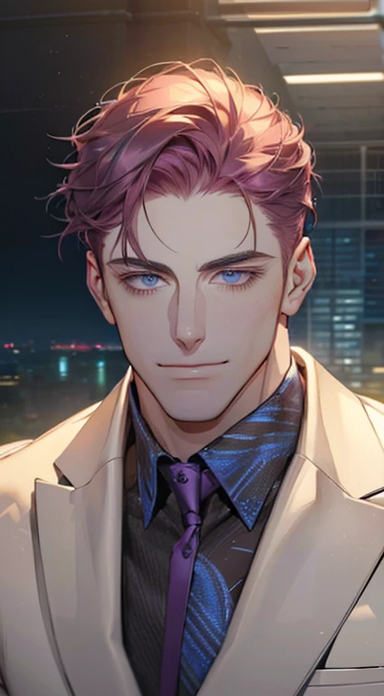 (best quality,4k,8k,highres,masterpiece:1.2),ultra-detailed,(realistic,photorealistic,photo-realistic:1.37),1 man,3,mature man,very handsome,without expression,smile,short purple hair,blue eyes,penetrating gaze,perfect face without errors,imposing posture,businessman,office background,cinematic lighting,hdr image