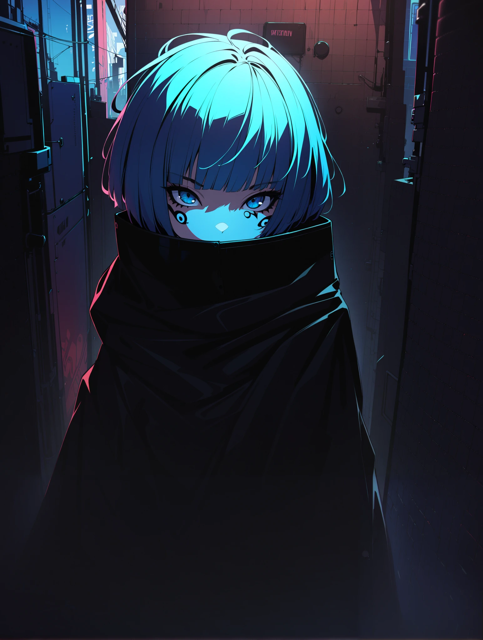 {{{Shincos (Shincos),  Kuvshinov Ilya ( Kuvshinov Ilya), no human}}},  1 girl,  short hair, blue,  close your mouth,  watching viewers,  Facial beauty,  bust up,  Back alley of the city,  Midnight Back Alley,  topless, nsfw