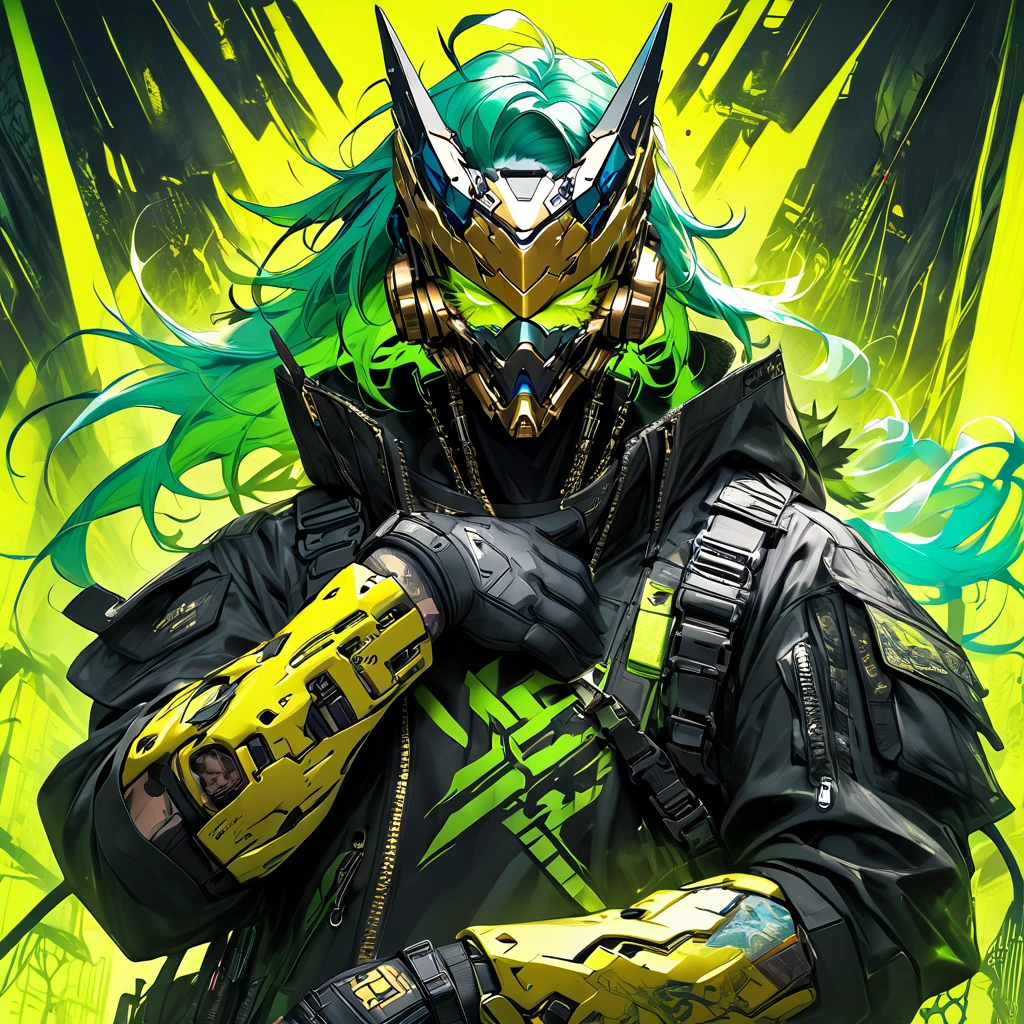 cyborg, 1_man_cyberpunk_2077, barghest, neon yellow and black techwear, vyberpunk backdrop, neongreen punk hair, wearing a golden skullmask, neongreen glowing eyes, tattoos on lower arms, black gloves
