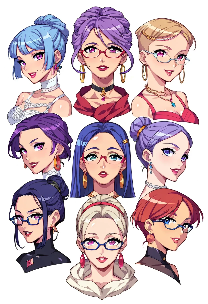 score_9, score_8_up, score_7_up
1 девушка,  abacus synch ,  purple hair , pink strands ,  gathered in a muzzle , muzzle ,  light blue skin, glasses, mole on cheek, pink eyes, red lips,  earrings white , white background,  looks at the viewer,  Blue dress,