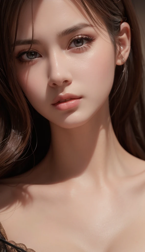 Create a 8k Ultra HD masterpiece of a woman with intricately detailed features, such as a golden ratio face, a curvaceous body, and a photorealistic skin texture. The lighting should capture her eye-catching appearance from every angle, highlighting her unique characteristics."