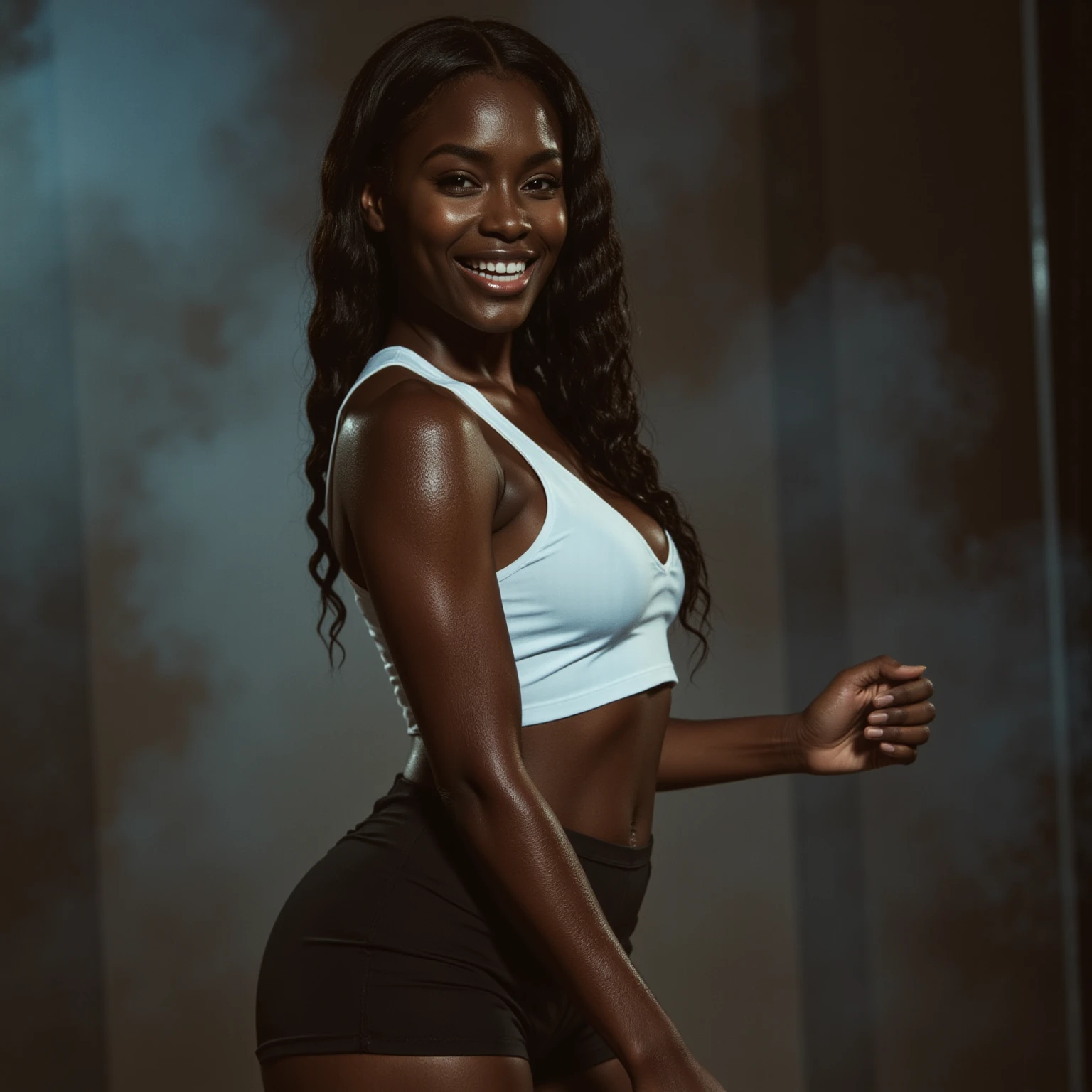 In a cinematic cowboy shot, Sylv (Lora: sxz-Sylvanas: 0.6) stands tall, her dark-colored skin glistening in the volumetric lighting. Her piercing grin reveals perfectly straight teeth as she speaks directly to the viewer. Long eyebrows frame her athletic features, and her toned physique is accentuated by a white shirt and black skirt. The camera captures every intricate detail, from the texture of her skin with visible pores to the subtle folds on her clothing. Rendered in 8K UHD with ray tracing, this masterpiece exudes photorealism, making it an award-winning work of art.