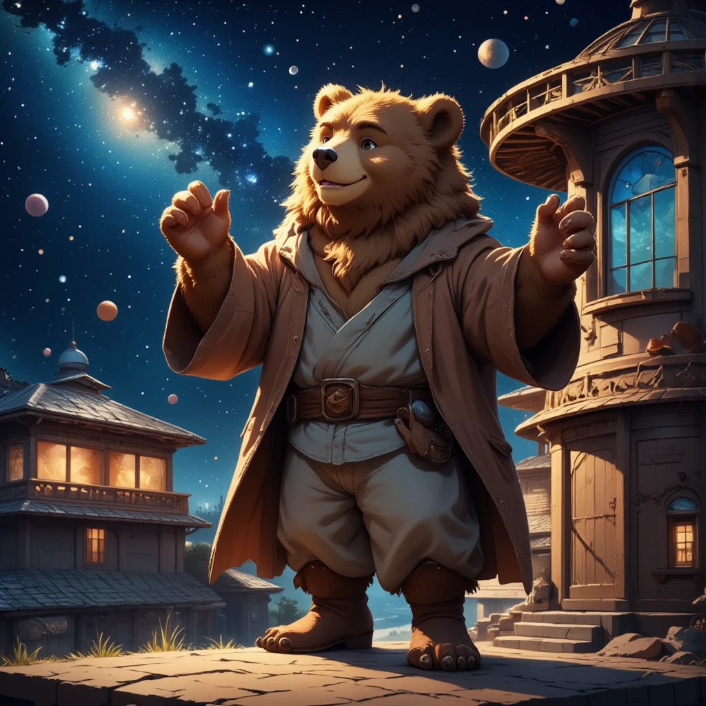 character focus, full body, looking away, dynamic angle, astrologer, middle-aged bear man, little smile, costume clothes, robe shirt, half pants, boots, standing arms rised in the air, searching for stars, dynamic pose, BREAK full body in Michelangelo Buonarroti style, housamo style, digital illustration anime, detailed painting landscape, planets floating in space, milky way, starry sky, astronomical observatory, outdoor, full color, HDR, BREAK complete anatomy, perfect proportions, beautiful thigh gap, fluffy body, intricate fur details, beautiful fur texture, BREAK a detailed bear 1tail, detailed boots, detailed foot, detailed hands, 5fingers, 5fingers nails, BREAK aesthetic anime face, insanity detailed face, male face, big face, square jawline, aesthetic anime eyes, detailed brown eyes, detailed brown cornea, detailed dark brown irises, detailed pupils, male eyes, big eyes, male eyebrows, innocent look, beautiful beard, BREAK masterpiece, official art, best quality, very aesthetic, absurdres, super fine illustration, great quality, BREAK noise reduction, very highres, large filesize, high quality, 32K, 8k wallpaper, dynamic lighting, BREAK insanity detailed, ultra detailed, intricate details, extremely detailed, detailed texture, an extremely delicate and beautiful, BREAK e621 illustration, osukemo, kemohomo, anthropomorphic, furry, cartoon, harmonious, pastoral face, virtuous eyes, academic atmosphere 