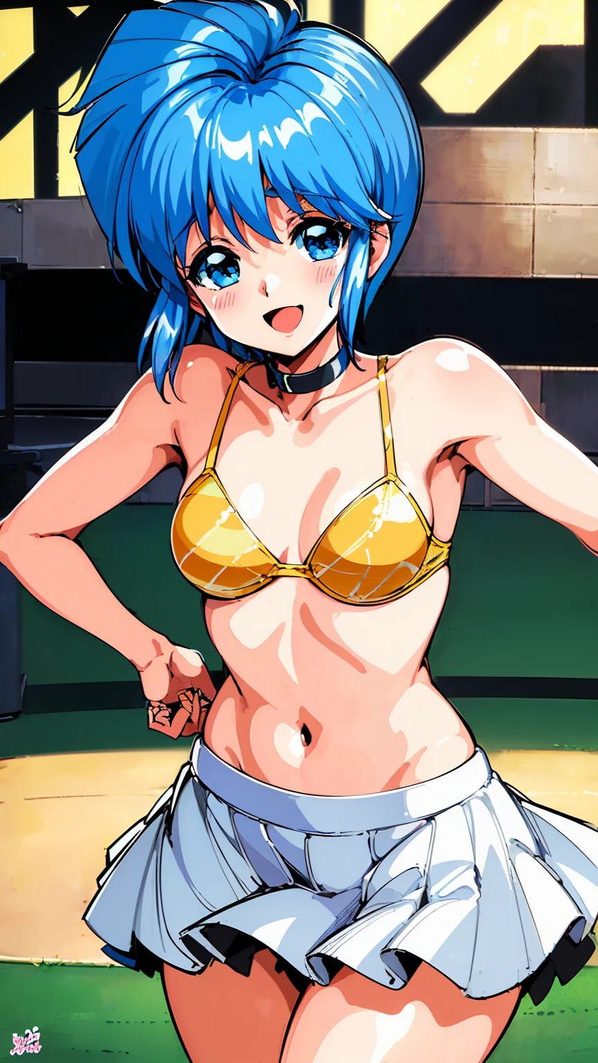 ( best quality, 8k, 32K, masterpiece,  ultra high resolution:1.2),  blue hair,  short hair, Saki Nijino, smile, fine, Full Strength, guts , sweat , kawaii, Eros,  mini skirt, Naughty expression, Nipple erection,  no panties