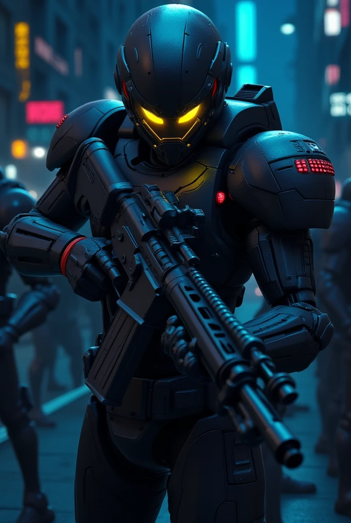 8k uhd, Generate the perfect Heavy Metal logo and use the correct font for the Heavy Metal text, generate a cover for Heavy Metal magazine featuring: an armored soldier carrying a powerful and detailed assault rifle, his helmet covering his face, eyes glowing yellow, a futuristic dystopian city in the background, Jin Roh style soldiers, highly detailed photo art, neon lights, dark sky,Enhanced all