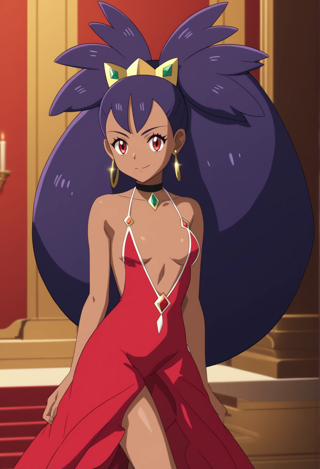 Best Quality, Masterpiece, anime screencap
,ultra high resolution, iris \(pokemon\), purple hair, long hair, red eyes, dark skin, big hair,small breasts, dark blue evening dress with plunging neckline, golden earrings, golden rings, black choker with shining rhinestones