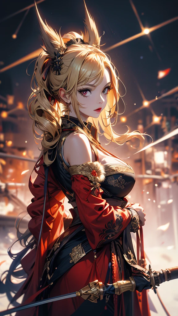 (ultra realistic,32k, masterpiece:1.2),(high detailed skin:1.1),( high quality:1.1),
1girl, blonde, ponytail hair, bangs, queen tut costume [<lora:redcrystal-nvwls-v1:0.8>redcrystal, red theme, rubies,ruby,:<lora:CHGF:0.5>hb,chinese dragon, chinese mythology, dragon scales,dragon scale pattern,:25],(looking at viewer, standing from above:1.1),, huge breast,large breast,,<lora:add_detail:0.76>,
(tenebrism:1.1), A place that was once inhabited by beings from another world,  blurry background,