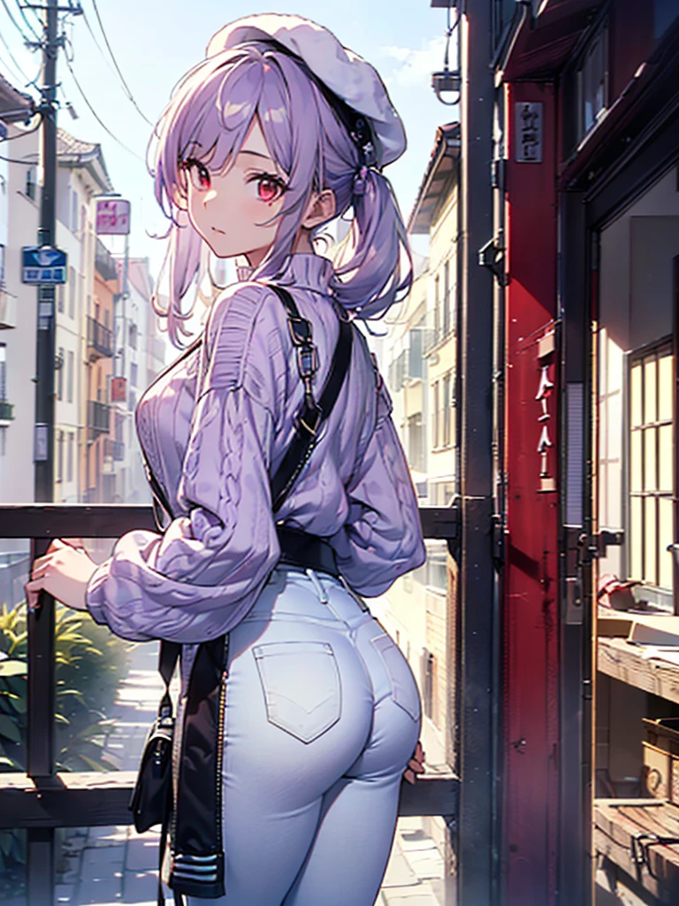 (Close-up:1.3),Realistic,Highest quality, Super detailed, High-quality CG rendering, The most delicate and beautiful, Floating softly, High resolution, (1 girl), (Highest quality,4K,8K,masterpiece:1.2), Light purple hair,(Very long ponytail:1.3),Red eyes,(Pure white oversized short sleeve T-shirt:1.3),(Black skinny jeans:1.3),(Pure white cap:1.3),In the city,old buildings,(whole body:1.3),(Turn your back to your audience:1.3),Butt