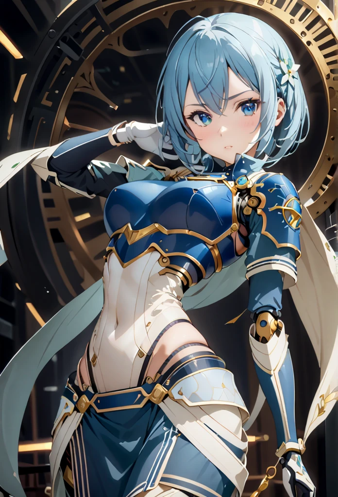   1 girl, shino asada,    short hair, bangs,    blue eyes,   hair accessory  ,  Hair between the eyebrows,    blue hair,    side lock, Vertical pupil , Gloves,    Long Sleeve   , white Gloves, armor, shoulder armor, breastplate, blue armor,, arms, Focus on women, Cape, armor,   android   、Handguard,    waist wrap skirt   , breastplate, full armor，  Knee High Heels  ,    robot joint  、  Anatomically Accurate Mechanical Body 　(((masterpiece)))，((   complicated details))　(8k)、      full body shot   、 Open clothes