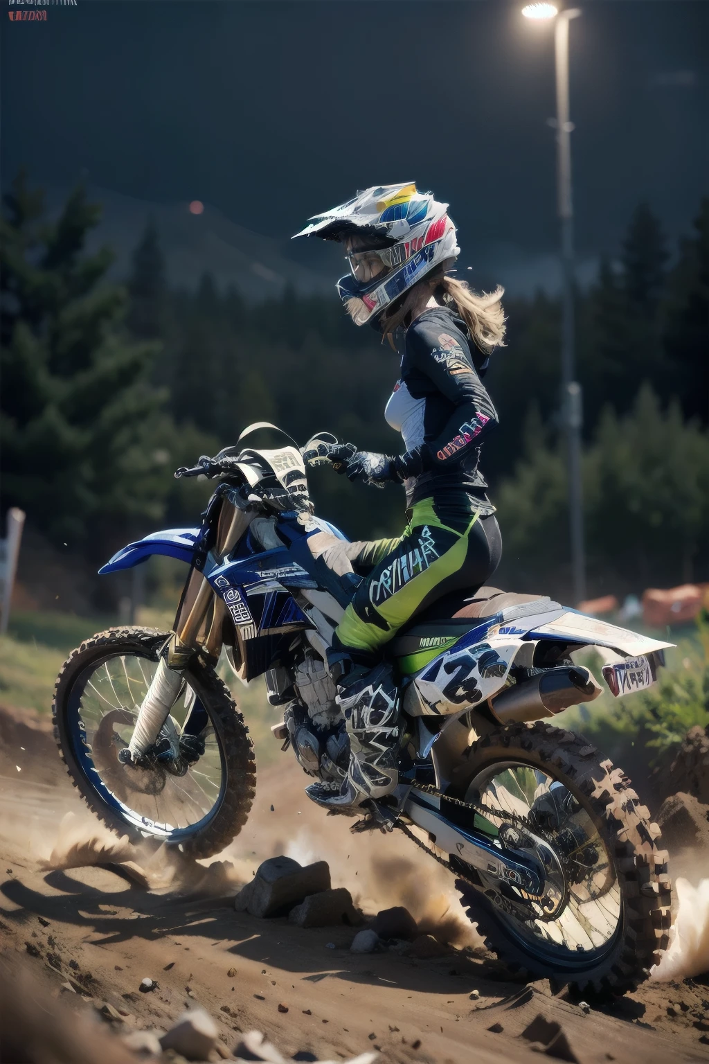 Yamaha WR250, motocross race, beauty racer, brown skin, abs, night riding, motocross wear, motocross boots, 