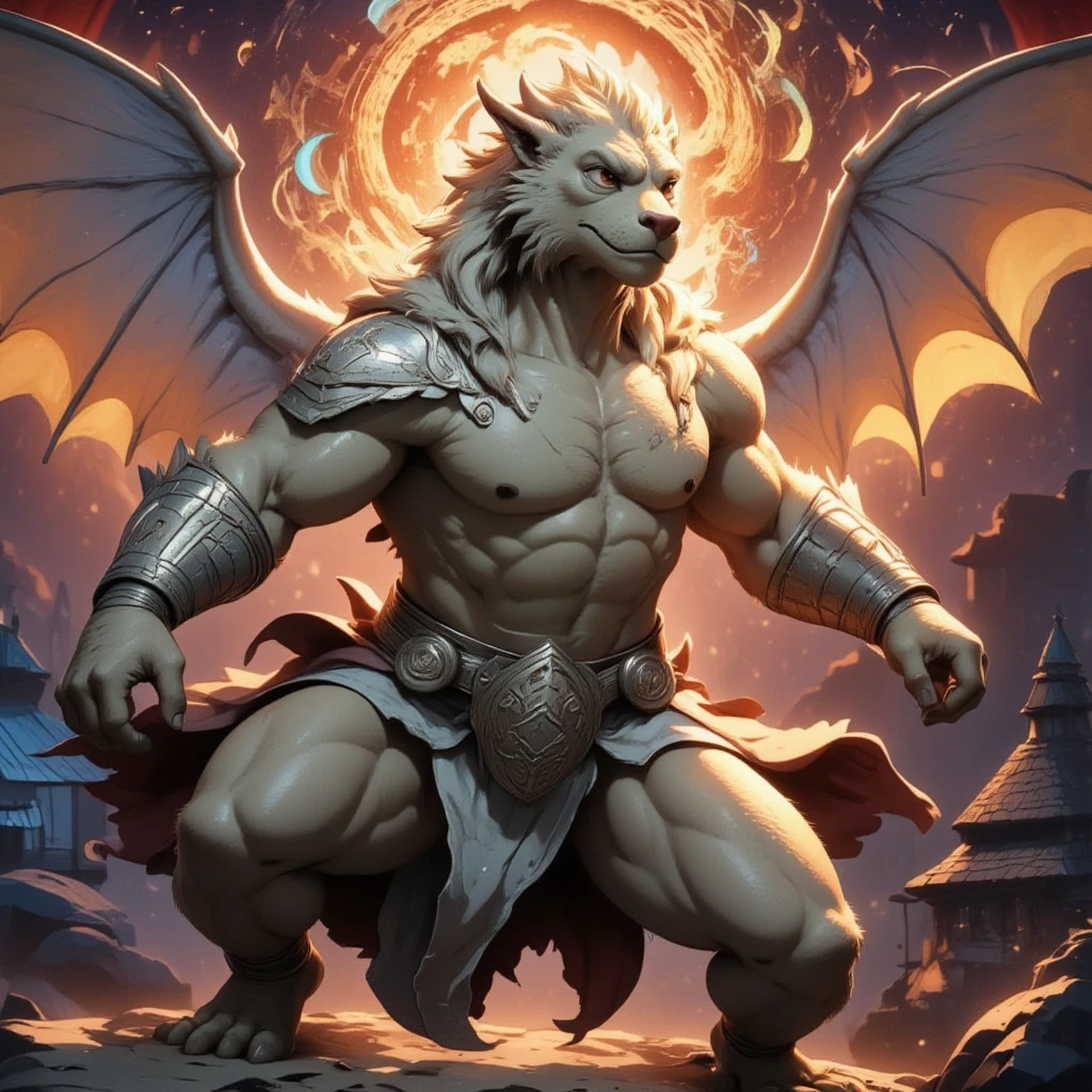 character focus, full body, looking away, dynamic angle, full body in Michelangelo Buonarroti style, housamo style, digital illustration anime, BREAK dragon, muscular middle-aged dragon man, silver gray skin, dragon wings, complete anatomy, perfect proportions, beautiful thigh gap, fluffy body, intricate fur details, beautiful fur texture, BREAK (a detailed dragon one tail), detailed toe, 5toes, 5toes nails, beautiful foot, BREAK detailed hands, 5fingers, 5fingers nails, BREAK dragon face, insanity detailed face, male face, big face, square jawline, aesthetic anime eyes, detailed brown eyes, detailed brown cornea, detailed dark brown irises, detailed pupils, male eyes, big eyes, male eyebrows, innocent look, beautiful beard, BREAK costume clothes, armor, loincloth, perfect composition, fighting, quantum electromagnetic life form force, dynamc pose, detailed painting landscape, kaleidoscopic swirls, old castle, indoor, full color HDR, BREAK masterpiece, official art, best quality, very aesthetic, absurdres, super fine illustration, great quality, BREAK noise reduction, very highres, large filesize, high quality, 32K, 8k wallpaper, dynamic lighting, BREAK insanity detailed, ultra detailed, intricate details, extremely detailed, detailed texture, an extremely delicate and beautiful, BREAK e621 illustration, osukemo, kemohomo, anthropomorphic, furry, cartoon, harmonious body, pastoral face, virtuous eyes, epic atmosphere