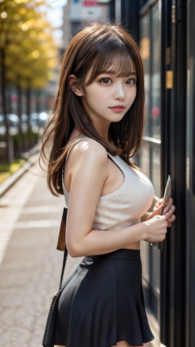((Best quality, 8k, Masterpiece: 1.3)), Sharp focus: 1.2, (1 AESPA girl: 1.3), (realistic, photo-realistic:1.37), face girl with cellphone, cute face, age 24, small breasts, flat chest, brunette short messy hair, or ponytail, (sitting paw pose: 1.1), white shirt, camisole, skirt, airport, terminal, station, something drinking, sunlight, kindness, cinematic lighting, (8k, masterpiece, best quality, raw photo)