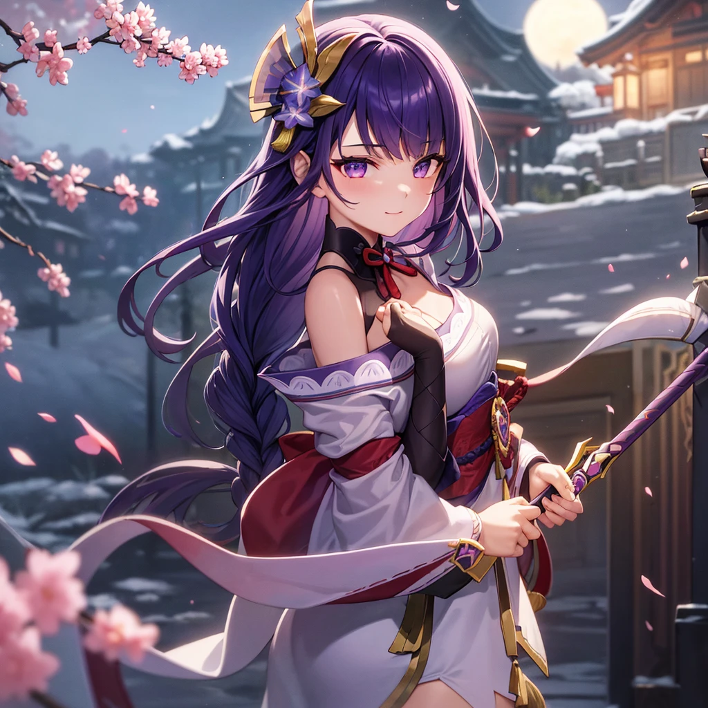 shogun, 1girl, solo, long hair, looking at viewer, hair ornament, thighhighs, long sleeves, ribbon, holding, cleavage, closed mouth, purple eyes, weapon, purple hair, braid, flower, japanese clothes, sword, wide sleeves, kimono, holding weapon, armor, mole, blurry, sash, mole under eye, holding sword, obi, shoulder armor, tassel, bridal gauntlets, stairs, purple flower, vision (genshin impact), obijime, tomoe (symbol), obiage, mitsudomoe (shape),  