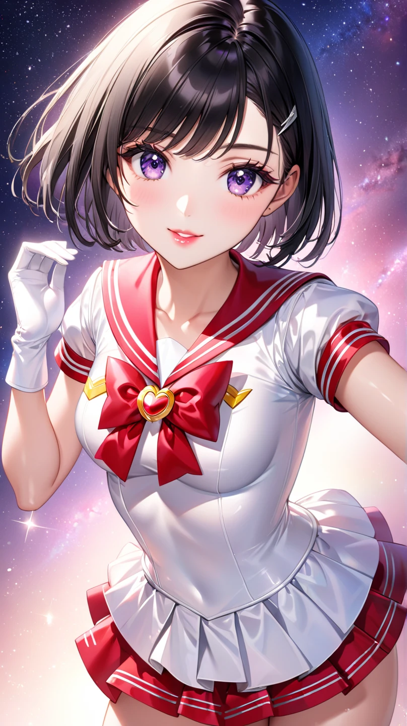 perfect anatomy, super detailed skin, masterpiece、Best Quality、masterpiece,  Hi-Res, 8K quality,  perfect face,  girl, shiny skin, beautiful hair, beautiful face, beautiful detailed eyes,  Anime Style 、a girl、 beautiful eyes、black hair, purple eyes、Short bob cut、(sideburns), middle part, (small chest)、 slender、 tight waist 、Round Glasses、 beautiful face、confident smile、Glossy lips, red cheek, Cute Eye Makeup、Cute Lip Makeup、Perfect body line、(sailor senshi uniform, white glove:1.2), thigh, Model Pose, dynamic angle, Starry Sky Background, 