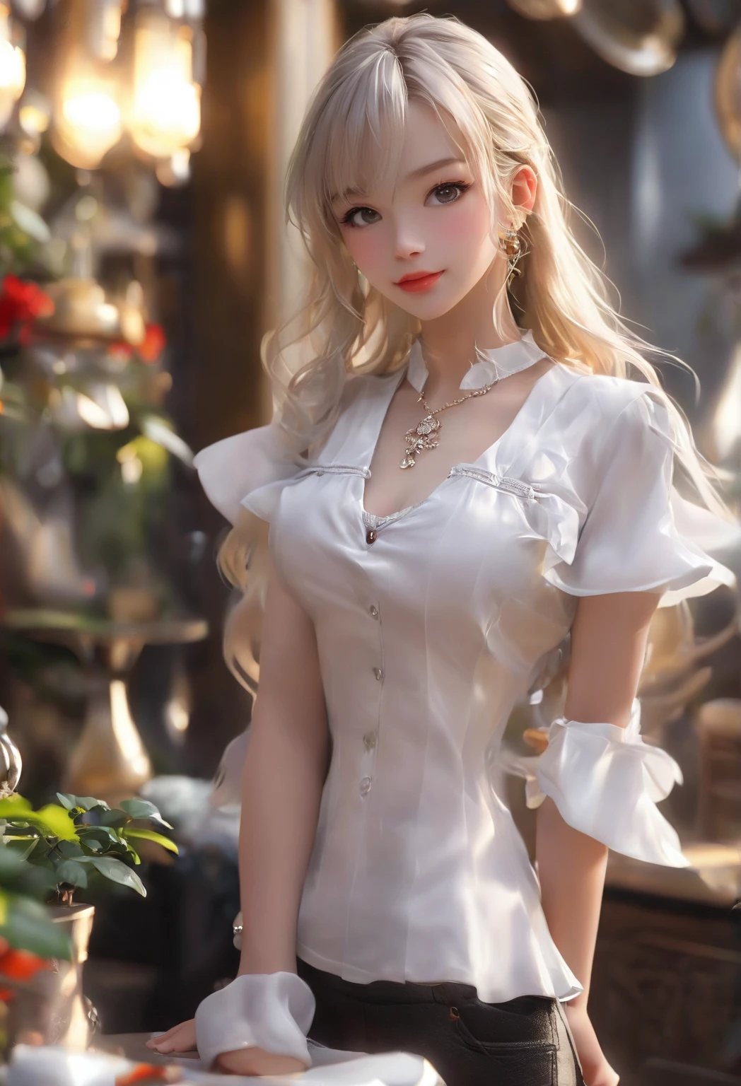 (((Lying on bed, female teacher)))v6, earrings, full body v6, (long golden white hair), translucent clothes, looking, superb, ultra high definition, RAW photography, realism 1.25), (bright lip gloss, long eyelashes, smooth) face, bright skin, natural shadows, wide light, wide light, depth of field, strong colors, subtle caustics: 0.8), smile, (big), v6, Translucent white jacket front opening, sleeveless, lower body slender, behind the woman, there are various flowers (absurd, high resolution, ultra detailed), breasts), v6, there are windows showing various buildings in the city (absurd, high resolution, super detail), smile, (big), girl with blonde hair and blue eyes, beautiful, ((white sheer blouse, black silk long tight skirt))