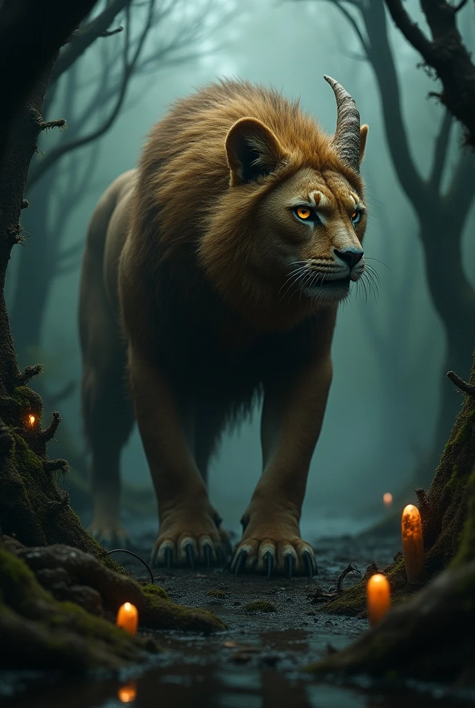 Lion with body sout in the forest and red eyes and sitting on the desk and red eyes and looking like a cat in the forest future