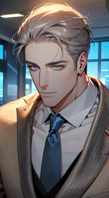 (best quality,4k,8k,highres,masterpiece:1.2),ultra-detailed,(realistic,photorealistic,photo-realistic:1.37),1 man,3,mature man,very handsome,without expression,smile,short grey hair,blue eyes,penetrating gaze,perfect face without errors,imposing posture,businessman,office background,cinematic lighting,hdr image