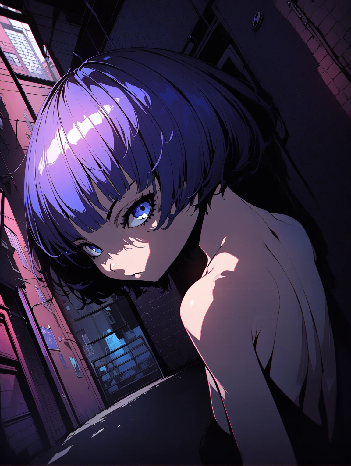 {{{Shincos (Shincos),  Kuvshinov Ilya ( Kuvshinov Ilya), no human}}},  1 girl,  short hair, blue,  close your mouth,  watching viewers,  Facial beauty,  bust up,  Back alley of the city,  Midnight Back Alley,  topless, nsfw, Prostitute,