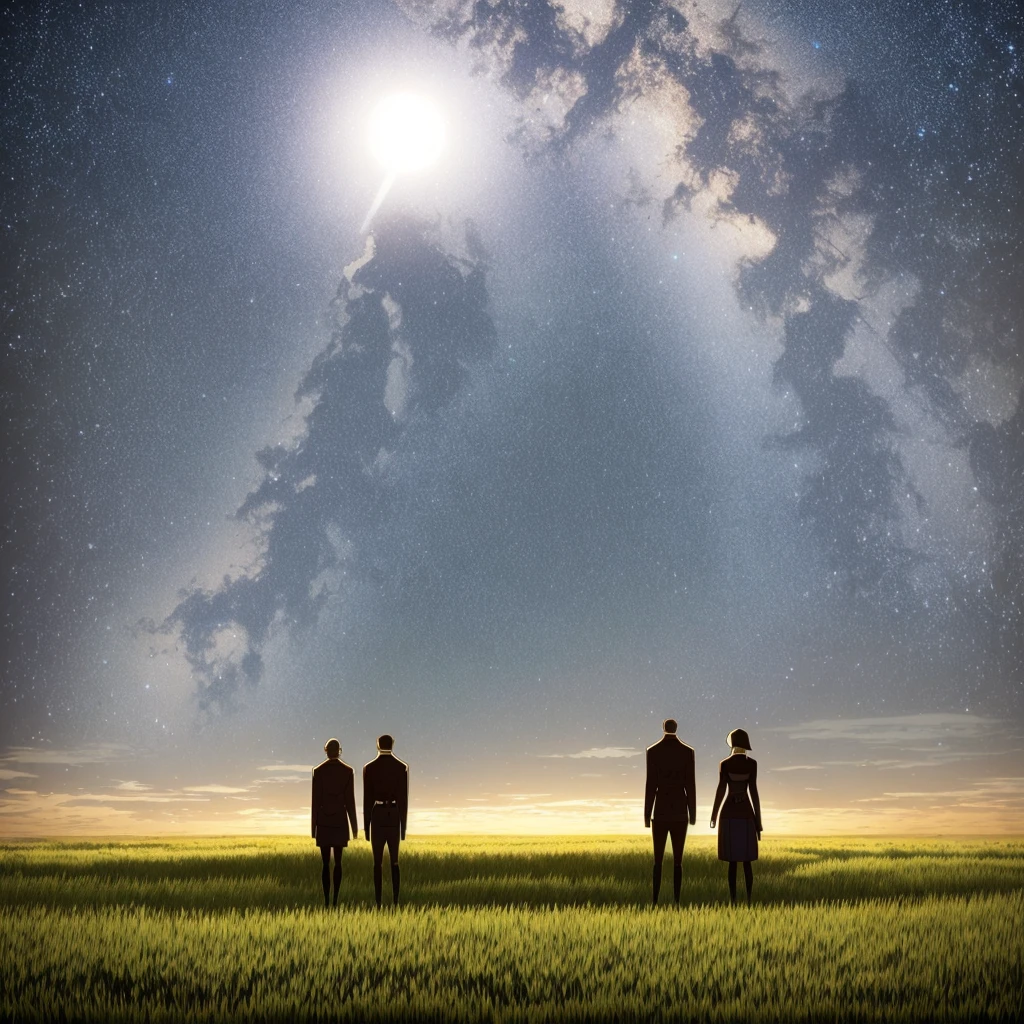 Man and woman staring at each other with a field in the background at night