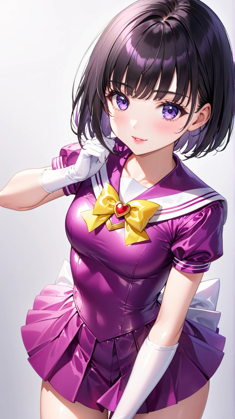 perfect anatomy, super detailed skin, masterpiece、Best Quality、masterpiece,  Hi-Res, 8K quality,  perfect face,  girl, shiny skin, beautiful hair, beautiful face, beautiful detailed eyes,  Anime Style 、a girl、 beautiful eyes、black hair, purple eyes、Short bob cut、(sideburns), middle part, (small chest)、 slender、 tight waist 、Round Glasses、 beautiful face、confident smile、Glossy lips, red cheek, Cute Eye Makeup、Cute Lip Makeup、Perfect body line、(sailor senshi uniform, Purple Clothes, white glove:1.2), thigh, Model Pose, dynamic angle, light gray Background, 