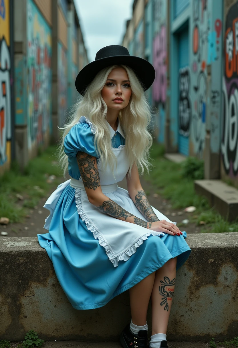 This is a highly detailed, realistic CGI illustration depicting a young woman sitting on a dirty, graffiti-covered wall in a gritty urban setting. She is dressed as Alice from the Alice in Wonderland story, recognizable by her blue dress, white apron, and black bowler hat. Her long, wavy platinum blonde hair cascades over her shoulders. She has a striking, pale complexion with numerous tattoos on her arms and legs.