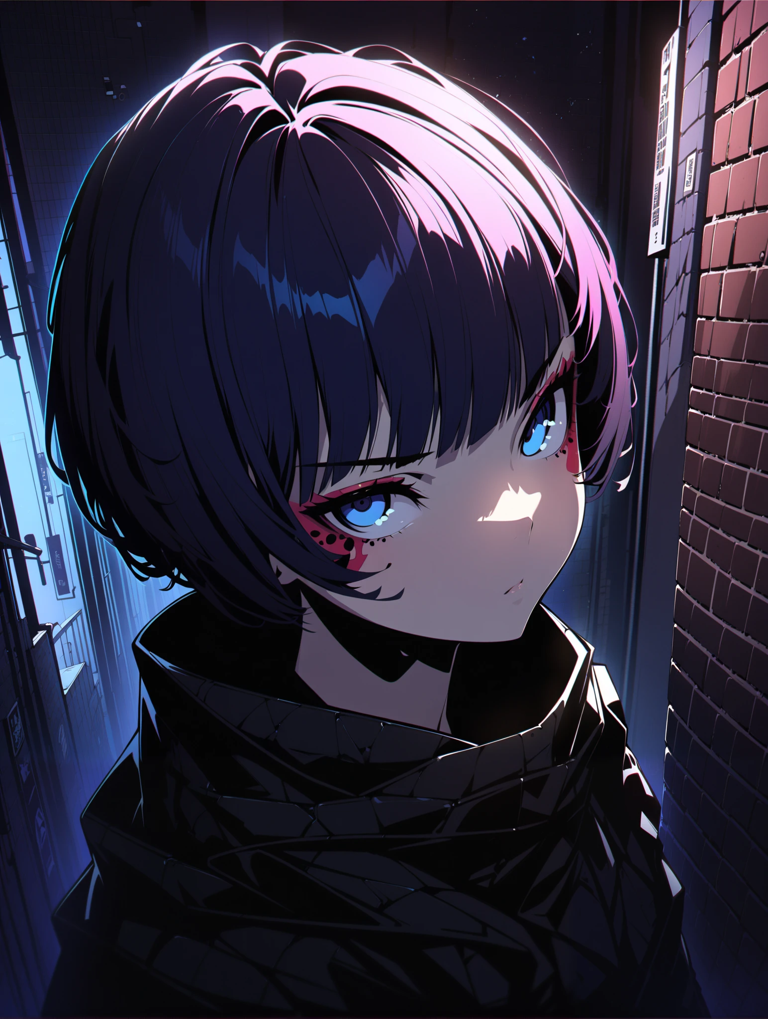 {{{Shincos (Shincos),  Kuvshinov Ilya ( Kuvshinov Ilya), no human}}},  1 girl,  short hair, blue,  close your mouth,  watching viewers,  Facial beauty,  bust up,  Back alley of the city,  Midnight Back Alley,  topless, nsfw, Prostitute,