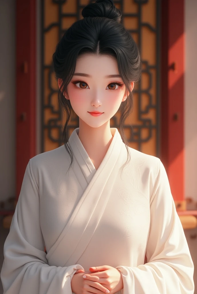 Pure girl,wearing a formal dress,Long hair and waist,Delicate and cute,flatchest,on cheongsam,Real Human,Chinese antique beauty,stand posture,ssmile,with dynamism,rosto magro,Serious,A little sad