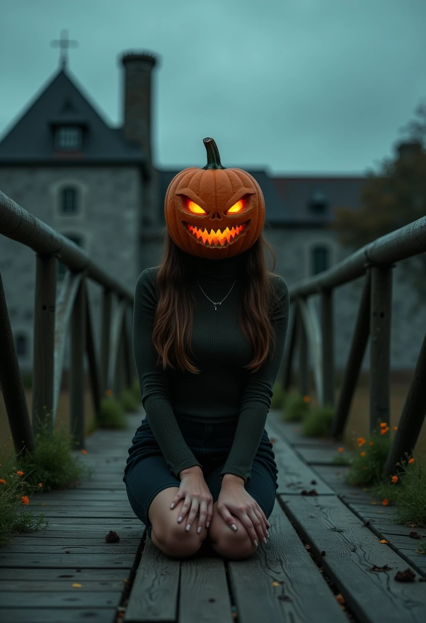 The image is a high-resolution photograph with a dramatic, Halloween-themed aesthetic. The subject is a woman with a medium to light skin tone, kneeling on a rustic wooden bridge with a medieval stone structure in the background, suggesting a historical or fantasy setting. She has a striking, intricate jack-o-lantern carved into her head, with glowing, menacing eyes and a sinister grin, evoking the spirit of Halloween.