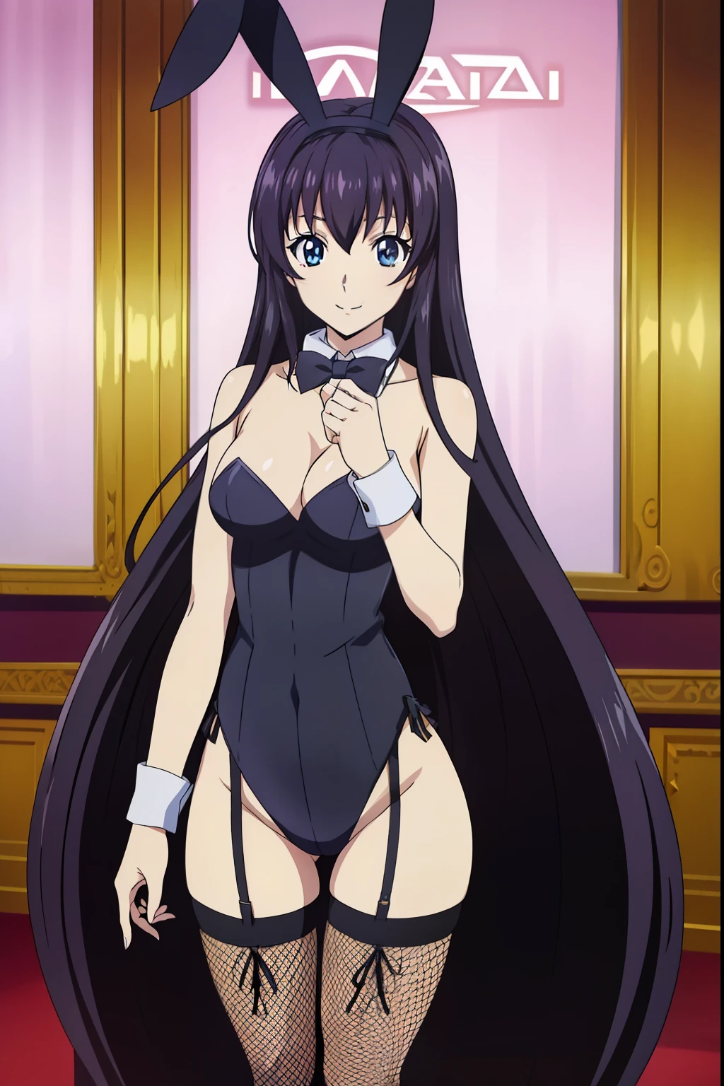 dynamic angle, 1 girl, cute, black hair, long hair,  (smile), (In the gleaming casino ), (Playboy bunny, Fishnet tights, high leg, Bunny suit, bustier, bow tie), (anime cels style, Masterpiece, best quality, high resolution, anime colored, megami magazine:1.2, anime poster style, anime keyvisual, sharp, 8k, photorealistic), beautiful eyes