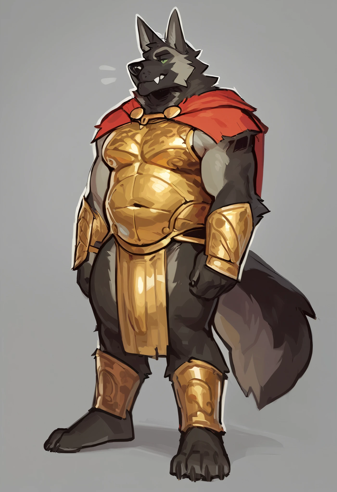  Gay, by dangpa, dad body, dad bod,  slightly chubby, solo,wearing spartan armor, ancient roman armor, loincloth, chest plant, red cloak, golden chest armor,  front view, standing , ancient roman soldier, black masculine German shepherd, fit body, pierced lip, black fur, ginger fur, bulge, hard bulge, full body, resting hand on bulge, perfect anatomy, masterpiece, ginger beard, detailed eyes, glowing green eyes, strong jaw, solo, great lighting, by bebebebe, by ZIXiong, by zackary911, by SligarTheTiger, by RED8EAN, icon, profile picture, suductive, intimidating, daddy, smirk, monochromatic fur, greyscale, sticker design, white outline, green eyes, boner, green glow