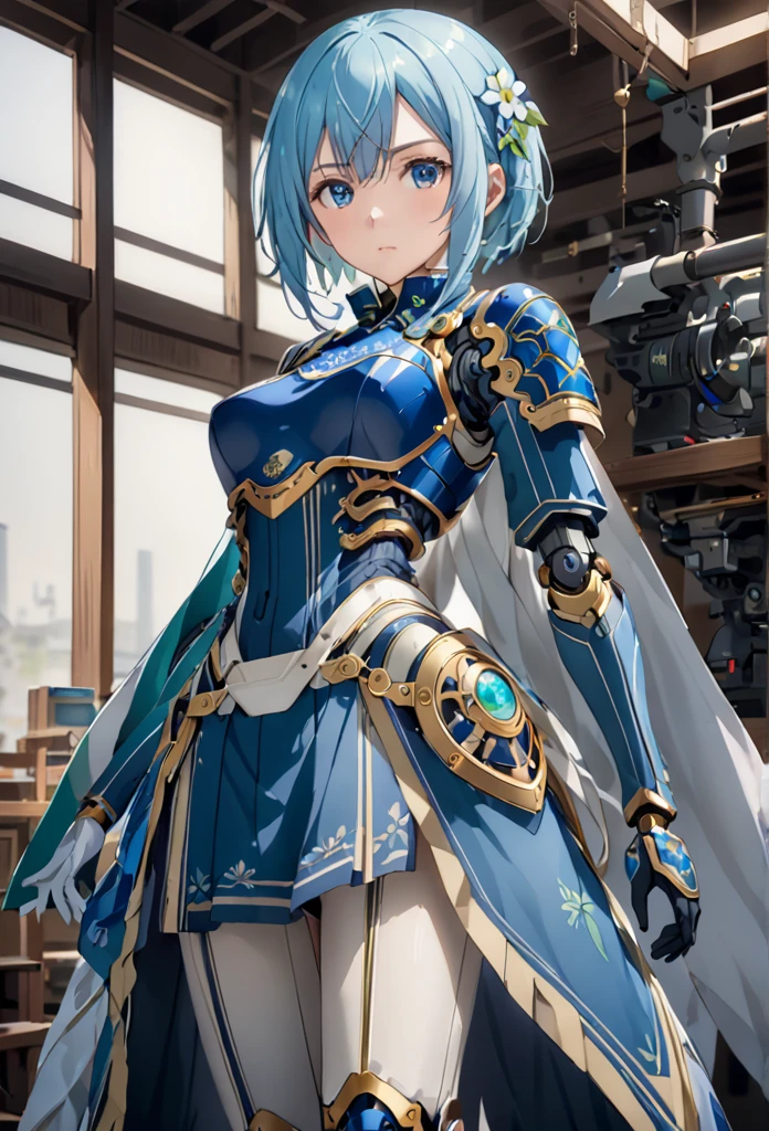   1 girl, shino asada,    short hair, bangs,    blue eyes,   hair accessory  ,  Hair between the eyebrows,    blue hair,    side lock, Vertical pupil , Gloves,    Long Sleeve   , white Gloves, armor, shoulder armor, breastplate, blue armor,, arms, Focus on women, Cape, armor,   android   、Handguard,    waist wrap skirt   , breastplate, full armor，  Knee High Heels  ,    robot joint、((Machine Eyes：2.5))  Anatomically Accurate Mechanical Body 　(((masterpiece)))，((   complicated details))　(8k)、      full body shot   、 Open clothes