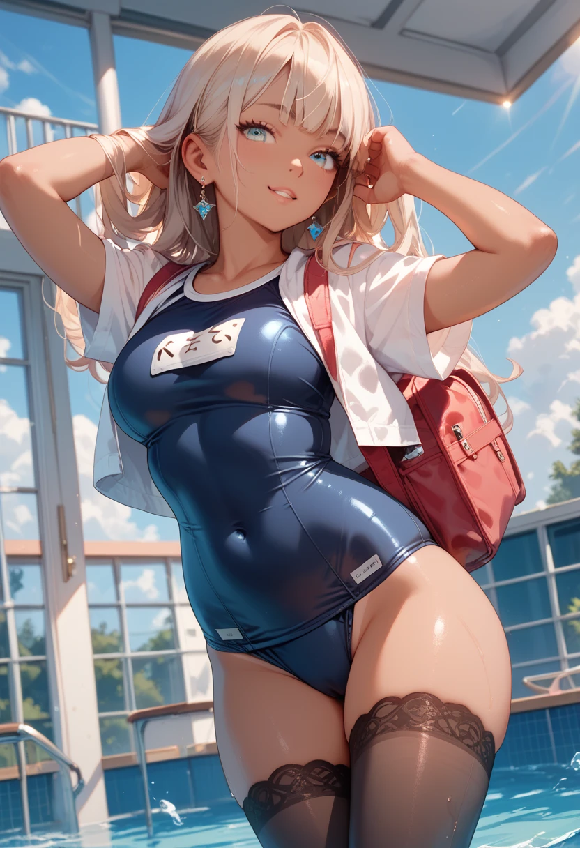 masterpiece, best quality, ultra detailed, 1 girl, tan skin, school swimsuit, thighhighs, sexy, 