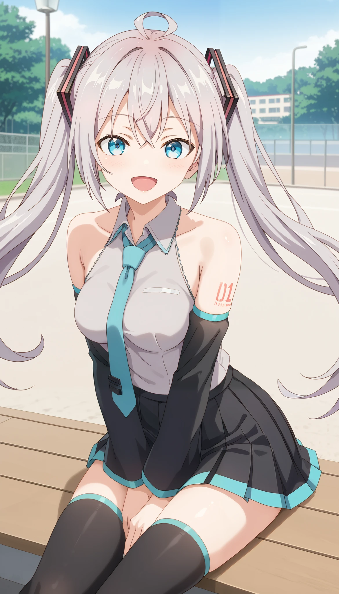 score_9, score_8_up, score_7_up, source_anime, masterpiece, medium breasts, perfect face, 1girl, cute expression, smiling, looking at viewer, background: meadow, alisamikhailovna, alisamikhailovna kujou, long hair, bangs, blue eyes, ahoge, gray hair,masterpiece, best quality, twintails, bare shoulders, black skire necktie,d etached sleeves, ,grey shirt,long sleeves,miniskirt,pleated skirt, thighhighs,happy,outdoors, shiny clothes, hatsune miku clothes, sitting down 