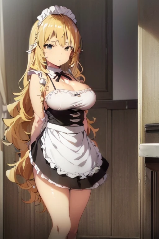 ((Best Quality)), ((masterpiece)), (     Details),     1 girl, ((( Big Breasts、blonde、      curly hair、、    I'm looking at my tanned skin 、 Abdomen is visible  、Maid、Maid服、    apron dress with one hair raised  、    black pleated skirt   、       mini skirt、    White Apron    )))、 Loose fitting socks 、      、    angle from the front   、Large hair ornament