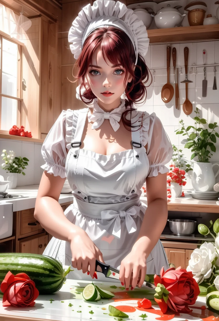 a closeup portrait of a playful maid, undercut hair, apron, amazing body, pronounced feminine feature, busty, kitchen, [ash blonde | ginger | pink hair], freckles, flirting with camera
