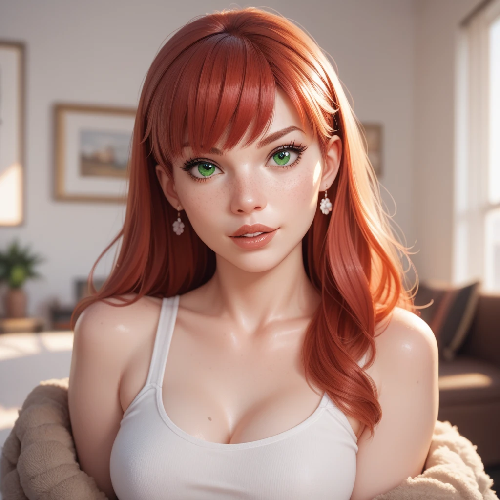 (best quality, masterpiece, colorful, dynamic angle, highest detailed) upper body photo, cute girl, most beautiful, intense long red hair, wearing v1csec, (ultrahigh resolution textures), cleavage, large breasts, in dynamic pose, bokeh, (intricate details, hyperdetailed:1.15), detailed, (extreme detailed, highest detailed), HDR+