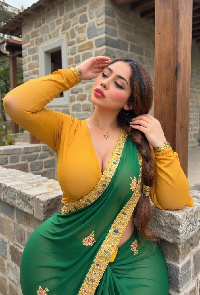 The scene captures a Pakistani Muslim woman in traditional attire, leaning back against a stone wall with a wooden pillar nearby, creating the impression of a serene outdoor courtyard. Her fair skin and curvaceous figure, particularly her full bust, are elegantly framed by a deep yellow blouse with a modest neckline, paired with a green saree that wraps gracefully around her. The saree’s pallu is richly embroidered, adorned with floral patterns and bordered with a yellow trim and gold accents, draping over her right shoulder in a traditional style. She wears intricate gold jewelry, including a delicate nose ring, several bangles, and an elegant necklace, exuding a subtle yet striking beauty. Her dark brown hair is styled in a single, loose braid that rests over her shoulder. Her eyes are softly closed, her lips adorned with vibrant red lipstick, and her expression is one of quiet reflection and grace, with her left hand gently resting on her forehead. The setting reflects rural Pakistani charm, with stone walls and wooden architecture in the background. The vivid colors of her attire in greens, yellows, and reds add to the cultural depth and serene ambiance of this tranquil, timeless scene.