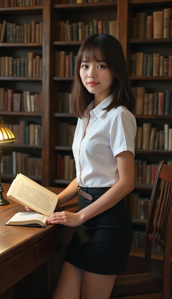 1 girl, mathayom uniform, (white shirt short sleeves:1.2), puffy short sleeves, (black pleated long skirt:1.2), belt, dynamic pose,
looking at viewer, (in library:1.2), indoors,
8K, realistic, photo, (photorealistic: 1.3), (High Skin Detail),
(masterpiece, top quality, best quality, official art, beautiful and aesthetic:1.2), ((extreme exquisitely delicate and beautiful)),
<lora:mathayom22:1:lbw=RMBG>