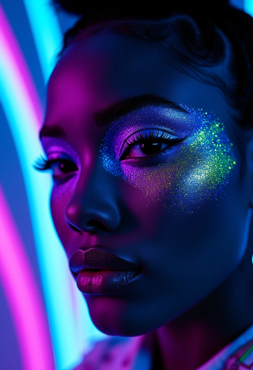 The image is a vibrant, highly detailed digital artwork featuring a close-up portrait of a woman with a striking, neon-lit aesthetic. She has a deep, rich skin tone and is adorned with glittering, glowing makeup in shades of electric blue, neon green, and purple, which contrasts dramatically against her dark skin. Her makeup includes intricate, sparkling eyeshadow designs, highlighted with glitter and sequins, and bold, bright blue eyeshadow around her eyes.