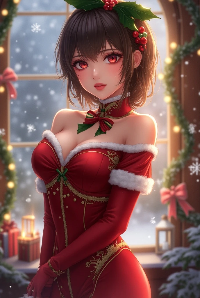 (masterpiece:1.2, top-quality), (realistic, photorealistic:1.4), beautiful illustration, NSFW, looking at viewer, cowboy shot, front view:0.8, 
1 girl, japanese, high school girl, beautiful hair, beautiful face, beautiful detailed eyes, (short hair:1.2, bob cut:1.2), bangs, hair between eye, light brown hair, blue eyes, mole under eye, 
beautiful clavicle, beautiful body, beautiful chest, large breasts:0.8, beautiful thighs, beautiful legs, beautiful fingers, bare thighs, (thick thighs, large valleys), 
(beautiful scenery), christmas night, outdoors, (christmas tree:1.3), 
((wearing reindeer costume, symmetrical clothing, metallic light brown reindeer hair band, reindeer dress, reindeer boots, bare shoulders), reindeer collar with bell), 
(swollen), ((seductive posture:1.2, attractiveness:1.2)), 
(erotic, sexy, upper eyes, laugh), shiny skin, walking, 
celebration, exquisite details, exciting surprises, shiny ornaments, sparkling tinsel, 
anticipation, festive mood, magical ambiance, delightful moment, wonderful memories, christmas magic, extravagant, abundance of presents, 
perfect face, cute and symmetrical face, natural side lighting, movie lighting), depth of fields,