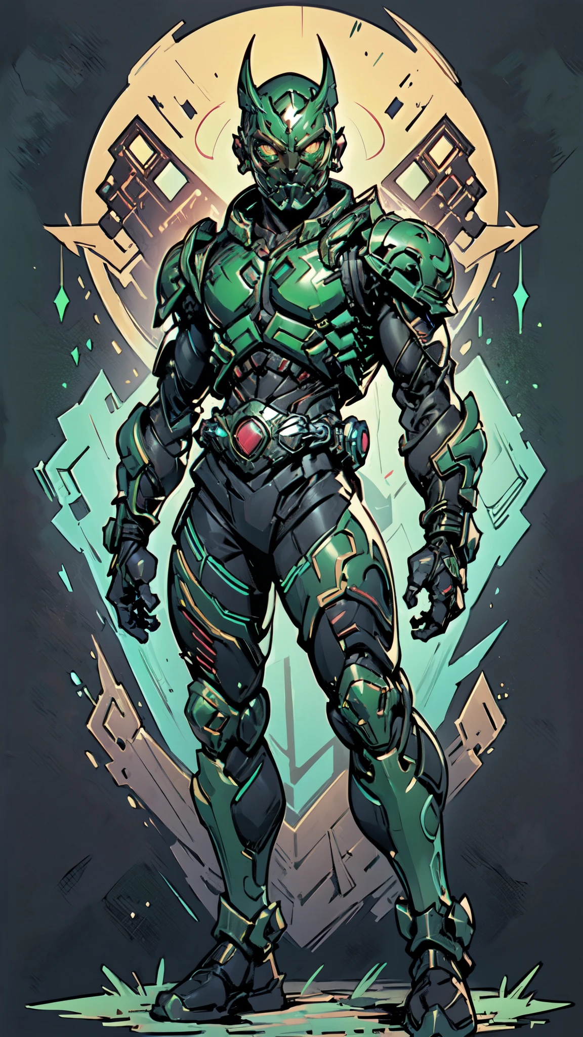 (masterpiece:1.5, best quality:1.5, extremely delicate:1.5), ((male:1.5)), a man wearing a full-face helmet, green eyes, fantasy-style high-tech biomimetic armored combat suit, (a composite layered chest armor), the design balances heavy with agility, fully enclosed shoulder guards, matching arm and leg guards, a belt of gemstone, (the color scheme is primarily Green with Scarlet and White accents, Organic Biotech, Concept Inspired by Kamen Rider, glowing eyes, armor glows, stand of a futuristic sci-fi city), this character embodies a finely crafted fantasy-style armored hero in anime style, exquisite and mature art style, metallic, high definition, highres, ultra-detailed, ultra-fine painting, professional, perfect body proportions, golden ratio, anatomically correct, symmetrical face, extremely detailed eyes and face, high quality eyes, creativity, RAW photo, UHD, 32k, Natural light, cinematic lighting, masterpiece-anatomy-perfect