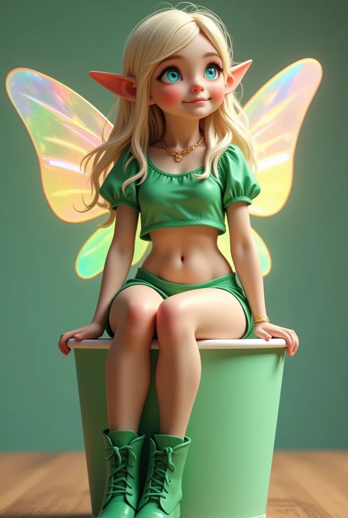 niji style, 1 elven girl, solo, full body, A small-sized elf with transparent wings that shine with the rainbow color is sitting on the Paper cup with lid, looking up at the viewer and smiling. long blonde hair, Azure big eyes. green short puff sleeve cropped shirt, green low rise shorts that expose the groin, green lace-up boots