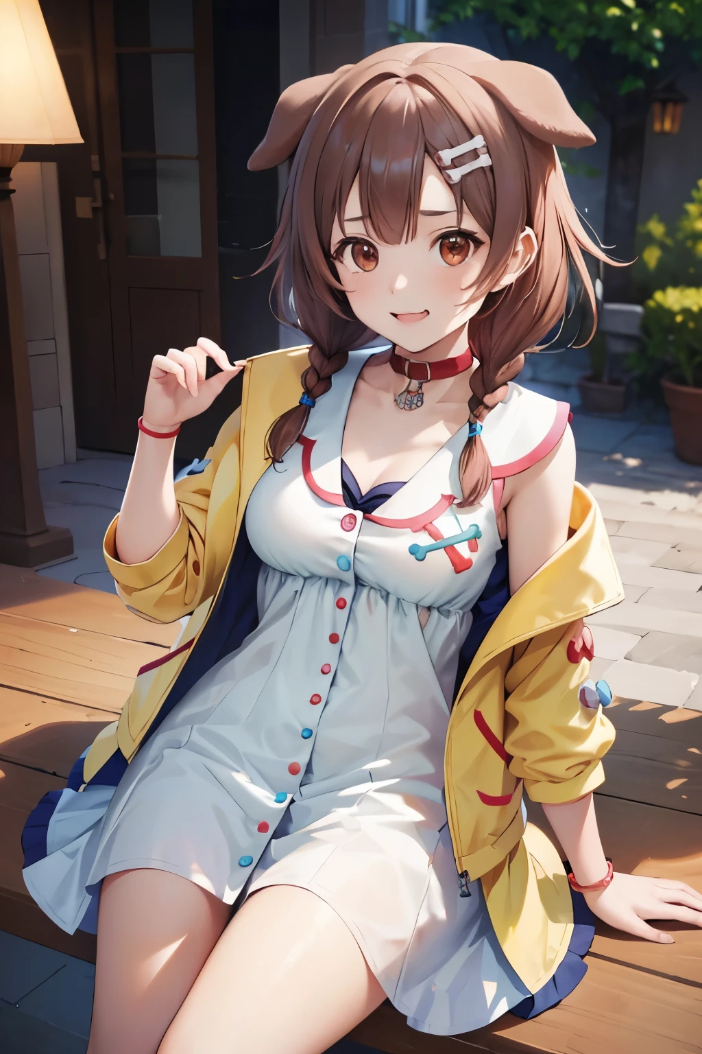 (8k, raw photo, masterpiece, extremely detailed, best quality, professional lighting, high res), BREAK beautiful and adorable girl, ik1, 1girl, white dress, yellow jacket, dog tail, animal collar, cleavage, medium breasts, wristband, cartoon bone, hairclip, wavy mouth