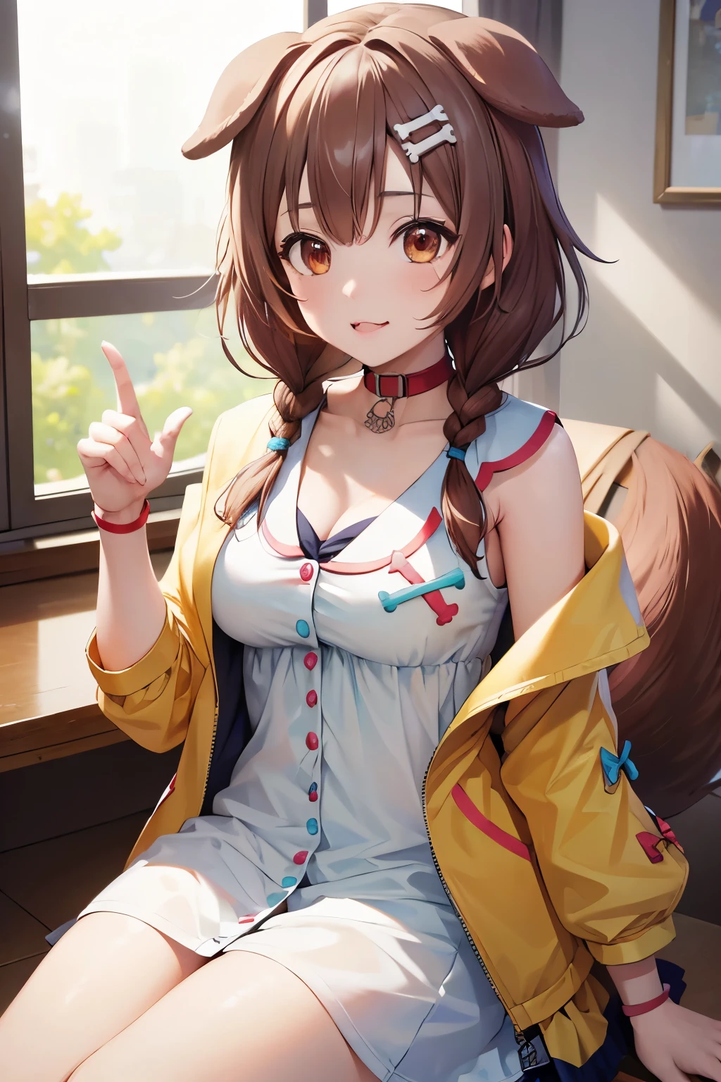 (8k, raw photo, masterpiece, extremely detailed, best quality, professional lighting, high res), BREAK beautiful and adorable girl, ik1, 1girl, white dress, yellow jacket, dog tail, animal collar, cleavage, medium breasts, wristband, cartoon bone, hairclip