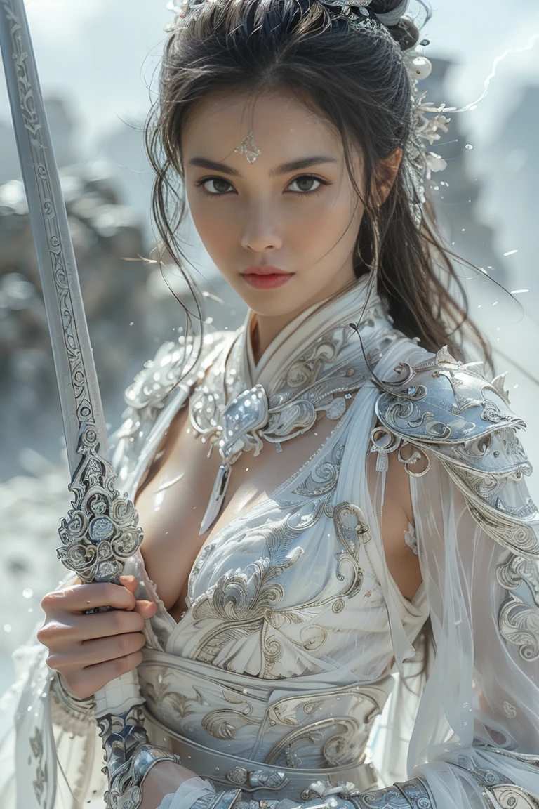 (masterpiece, RAW, 32K, UHD, hyper realistic, best quality), swordswoman,1girl (Beautiful face, supermodel) ,seductive smile, black hair ,blue sky, blurry, brown eyes ,closed mouth ,cloud ,day ,eyelashes ,grey eyes, holding sword, lips ,long hair, looking at viewer, mountain, snow ,solo ,sword ,water, weapon, wind ,winter, sword ,Hanfu, Masterpiece,Game art,The best picture quality,Highest resolution,8K,(Portrait),Unreal Engine 5 rendering works,(Digital Photography),((Portrait Feature:1.5)), 20 year old girl,Short hair details,With long bangs,(The red eye makeup is very meticulous),(With long gray hair:1.4),(Large, full breasts),Elegant and noble,Brave and charming, (Future armor combined with the characteristics of ancient Chinese armor,Hollow design,Power Armor,The mysterious Eastern runes,A delicate dress pattern,A flash of magic),Warrior of the future,Cyberpunk figures,Background of war, Movie lights，Ray tracing，Game CG，((3D Unreal Engine))，OC rendering reflection pattern