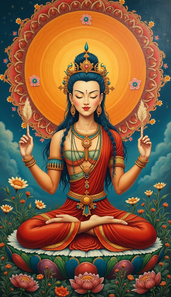 ((best quality)), ((masterpiece)), (detailed) ,
((tangka,1girl)),water,mountain,jewelry, necklace, bracelet, shawl, dress,earrings, leaf, moon, plant, cloud, flower, white flower, extra arms, statue, fine art parody, crown, tree,bird, lotus, fruit, food,indian style,long sleeves, pink flower,
<lora:add_detail:2>,<lora:yuzuv10:0.5>, <lora:rdumuv4:0.787>