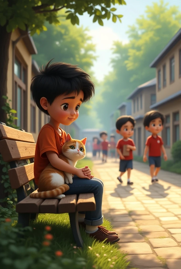 Against the background of dusk,The boy sits on the roof,Holding a Budweiser bottle,Tears in the corners of his eyes。On the left and right sides there are two kittens sticking out their paws,Waiting quietly for the boy。