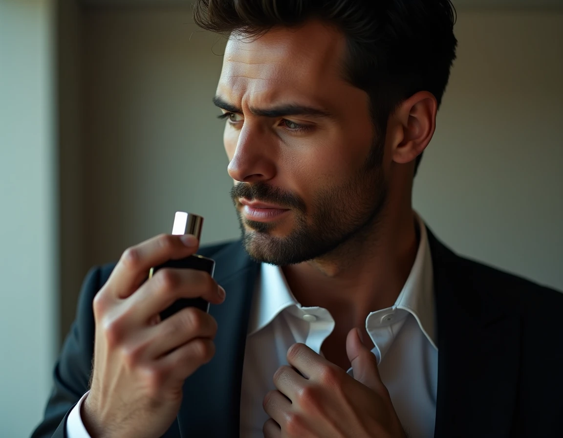 How would a television commercial for the Elixir of Midday perfume be, but putting the perfume on your neck and having the perfume visible with the name Elixir of Midday being a man?