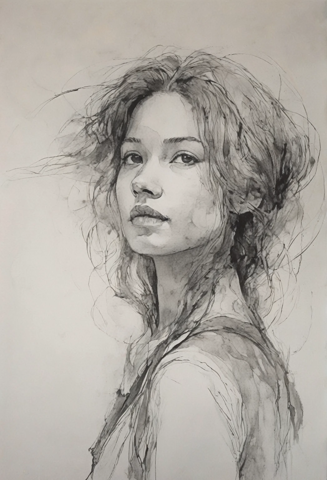 (best quality, high resolution, masterpiece:1.2), Super detailed, actual:1.37, black ink sketch, smooth lines, Expressive facial expressions and gestures, simple background, Emphasis on light, shadow and spatial perception, Abundant negative space, young girl.