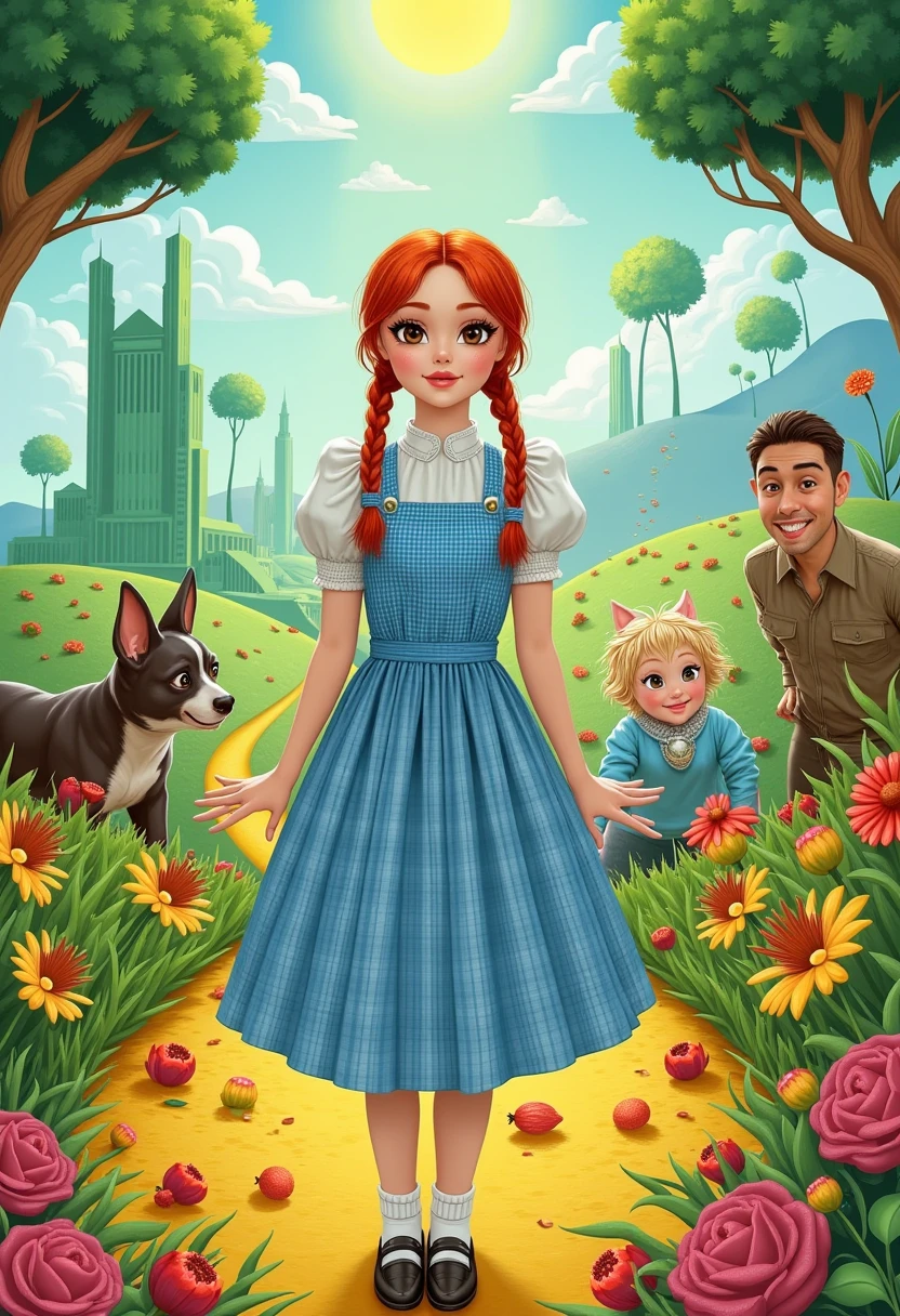 This is a highly detailed, digitally rendered illustration with a whimsical, surreal twist on the classic story of Dorothy and the Wizard of Oz. The scene depicts a modern, stylized take on the iconic characters from the story. The central figure is Dorothy, a young woman with long, bright red hair styled in two braids, dressed in a blue and white gingham dress reminiscent of the original costume, but with a contemporary twist.